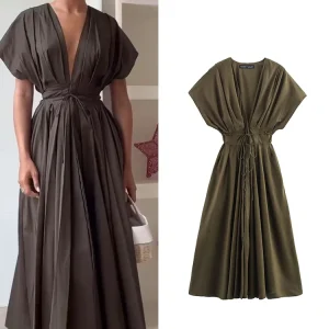 TFMLN 2025 Nuove donne pieghettato scollo a V abito longuette elegante maniche corte raglan pizzo abito dimagrante moda donna bottone vestito 1