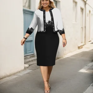 Fashion Dress Set abbigliamento donna 3/4 manica giacca top e vestito sottile autunno nuova stampa Fashion Office Lady Outfits 2023 1