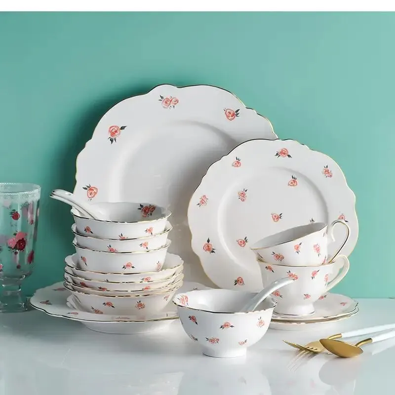 Set ciotola e piatto in ceramica New Bone China Phnom Penh Rose Stoviglie Dessert Piatto Bistecca occidentale Colazione 5