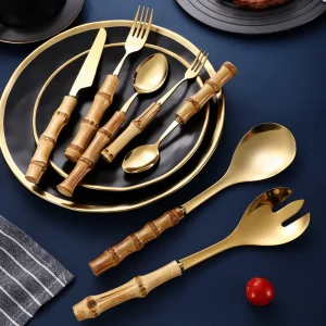 7Pcs Nature Bamboo Gold Set di posate in acciaio inossidabile creatività regalo posate in argento 304 coltello forchetta per insalata cucchiaio Drop Shipping 1