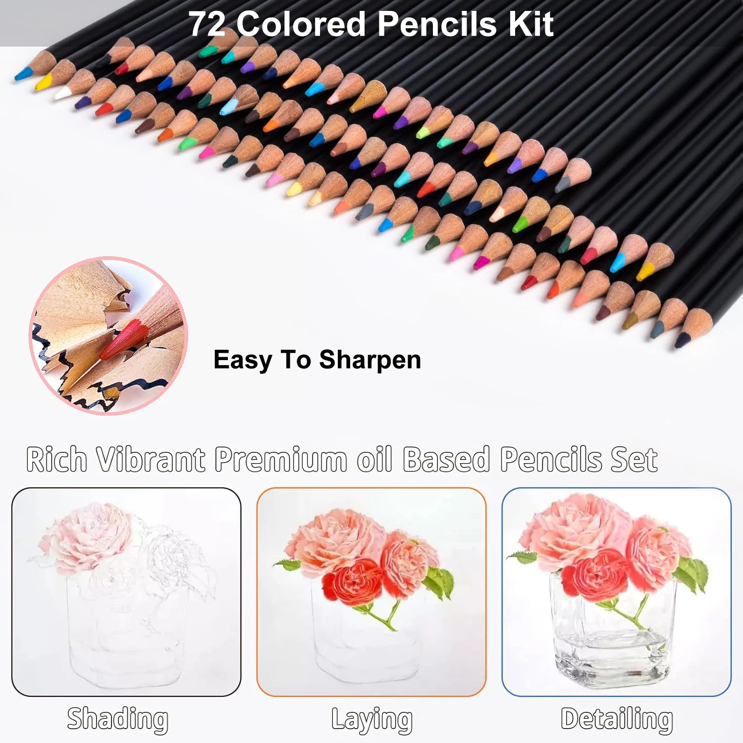 Kit da 72 matite colorate, materiali artistici per la colorazione di adulti, nucleo morbido a base di olio, ideale per colorare schizzi ombreggiature, nella custodia con cerniera 5