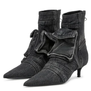 Para Mujer Scarpe da donna Stivali tascabili in denim lavato Stivali corti con cerniera posteriore a punta sottile con tacco basso alla moda Botas De Invierno 1