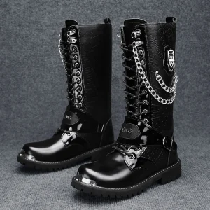 Stivali da uomo in pelle alti casual taglie forti Stivali da moto da esterno primaverili e autunnali Comfort Stivali per evitare collisioni a catena 1