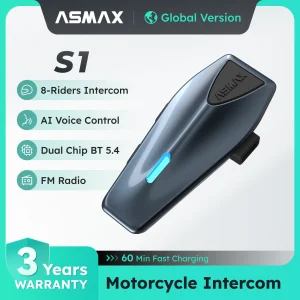 ASMAX Blue S1 Interfono per moto Sistema Global Mesh Group, comando vocale, audio HD, IPX7, microfono ENC e connessione app 1