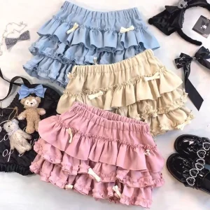 2025 Estate Nuovo Versatile Abbigliamento Donna Fiocco Blu Torta di Pizzo Tutu Mini Gonna Kawaii Rosa Dolce Carino Sottile A-line Gonne Delle Signore 1