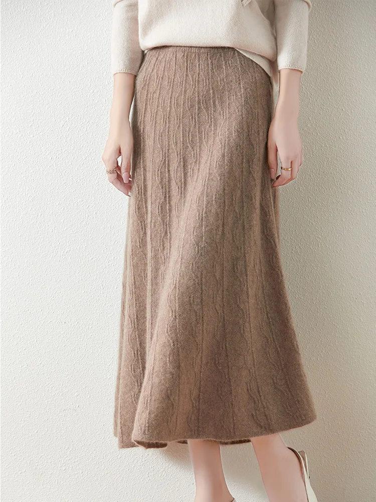 Chic Acqua Ondulazione Mezza Lunghezza Gonna Autunno Inverno Morbido Caldo 100% Lana Merino Maglieria Grace Retro Donna Vestiti Office Lady 2025 6