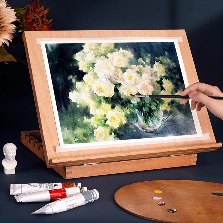 Cavalletto piatto pieghevole in faggio Supporto per pittura a olio a doppio scopo Cavalletto regolabile pieghevole Schizzo Pittura a olio Destop Art Box portatile 1