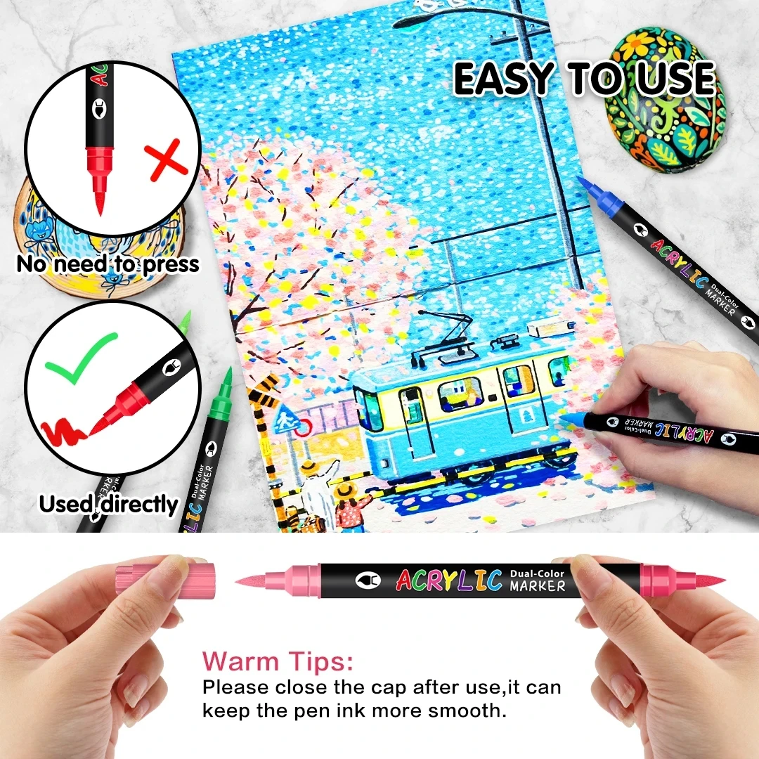 Pennarelli per vernice acrilica 24/48/72/144 colori, punte doppie a doppio colore per pittura su roccia, tela, vetro, ceramica, tessuto, plastica, pennello morbido 6