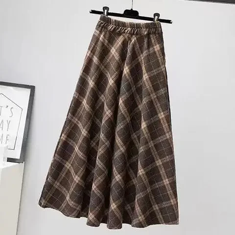 Gonna longuette scozzese stile americano Gonne a linea intera da donna plus Size Gonne lunghe dimagranti a vita alta Alla moda Primavera Autunno 3