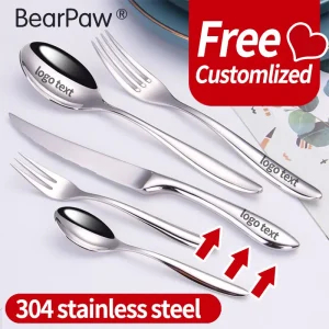 Set di posate con logo personalizzato gratuito da 5 set/5 pezzi, cucchiaio/forchetta/coltello in acciaio inossidabile 304 con logo personalizzato inciso al laser per hotel/caffetteria 1