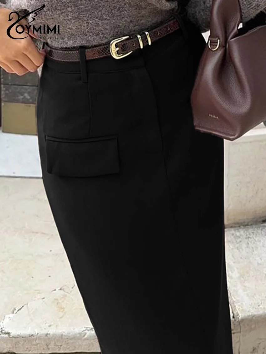 Oymimi Moda Tasche nere Gonna da donna Elegante Gonne dritte a vita alta Casual Solid Gonne alla caviglia Abbigliamento femminile 4