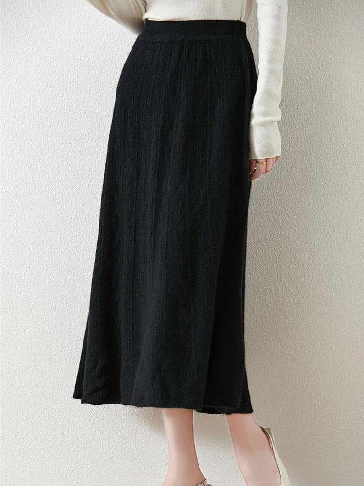 Chic Acqua Ondulazione Mezza Lunghezza Gonna Autunno Inverno Morbido Caldo 100% Lana Merino Maglieria Grace Retro Donna Vestiti Office Lady 2025 1