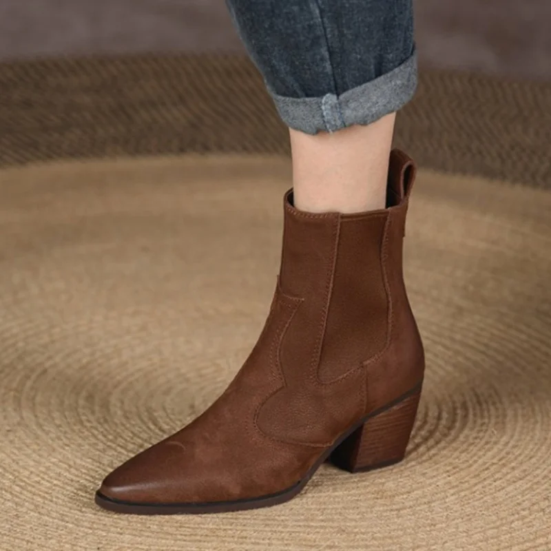 NUOVI stivali da donna autunnali scarpe a punta con tacco grosso scarpe in vera pelle per donna stivali western slip-on casual stivali corti 1