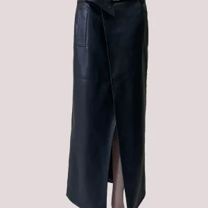 Nerazzurri Primavera Autunno Gonna lunga in pelle PU nera da donna con cintura con spacco frontale Abiti firmati di lusso eleganti extra lunghi 2025 1