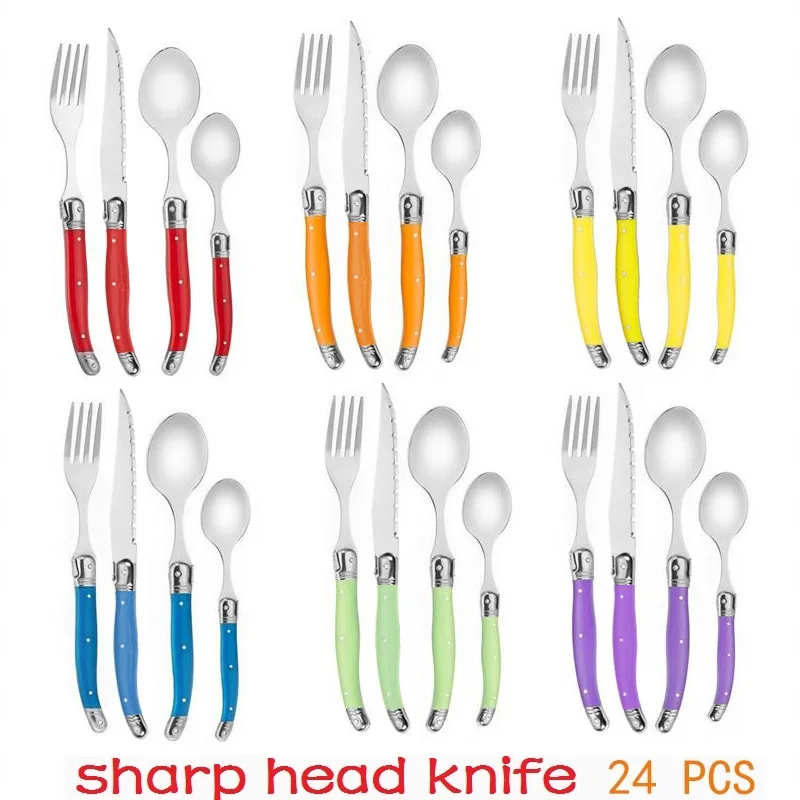 4-24 pezzi Laguiole Rainbow Set di stoviglie Avorio Bianco Posate da sposa Coltelli da bistecca in acciaio inossidabile Forchette e cucchiaio Cucchiaino 2