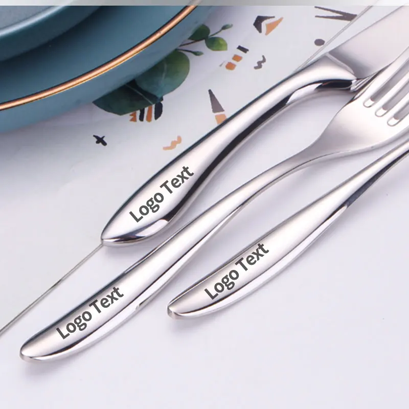 Set di posate con logo personalizzato gratuito da 5 set/5 pezzi, cucchiaio/forchetta/coltello in acciaio inossidabile 304 con logo personalizzato inciso al laser per hotel/caffetteria 5