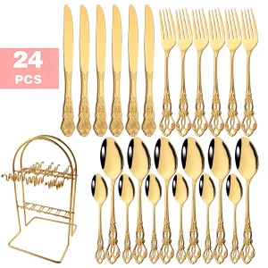 6/24Pcs Set di posate occidentali Vintage in acciaio inossidabile a specchio di lusso in oro Set di posate da tavola coltello cucchiaio forchetta Set di posate 1
