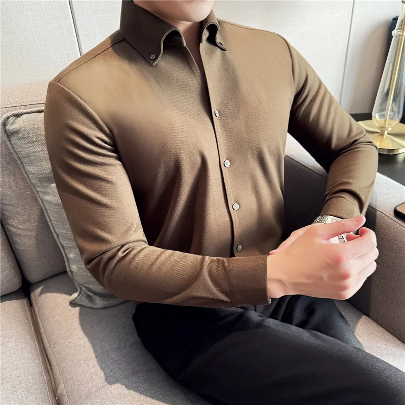 Camicia invernale in lana spessa, camicia casual di alta qualità con scollo a V da uomo senza cuciture, top da lavoro marrone 5