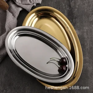 Piatto ovale in acciaio inossidabile piatto di pesce cotto a vapore a forma di uovo, piatto di noodle di riso per barbecue in piatto d'oro coreano 1