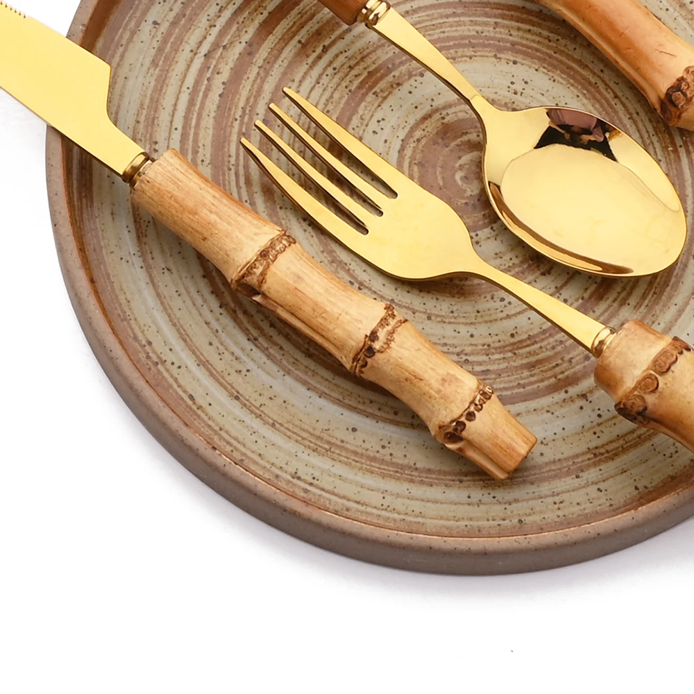 4/16/24/32 pezzi creativo manico in bambù naturale set di stoviglie set di stoviglie in acciaio inossidabile coltello da cucina forchetta cucchiaio set di posate 4