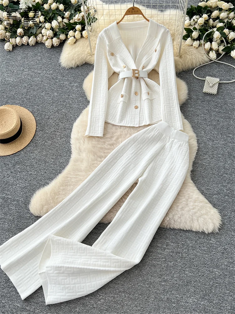 SINGREINY Office Lady Abiti lavorati a maglia Donna Manica lunga Colletto dentellato Top + Pantaloni a gambe larghe Donna Inverno Moda Spessa 2 pezzi Set 3