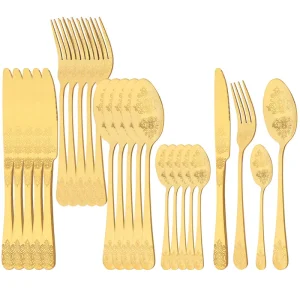 Set di posate per stoviglie di alta qualità Manico intagliato squisito Set di posate per cucchiaio forchetta coltello da tavola dorato in acciaio inossidabile 1