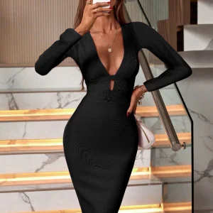 Abito da donna primavera estate sexy elegante nero a maniche lunghe midi senza schienale aderente con fasciatura abito da sera da cocktail per feste 1