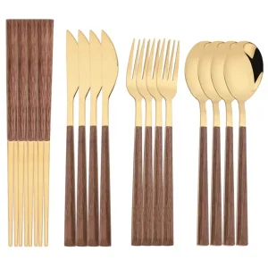 4/12/16 pezzi specchio set di posate in oro bacchette coltello forchetta cucchiaio set imitazione manico in legno stoviglie coreane stoviglie di lusso 1