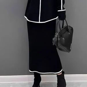 Freeacy Gonna a trapezio nera a vita alta per donna 2025 Primavera Nuovo colore a contrasto Elegante mezzo abito Gonne da festa femminili 1