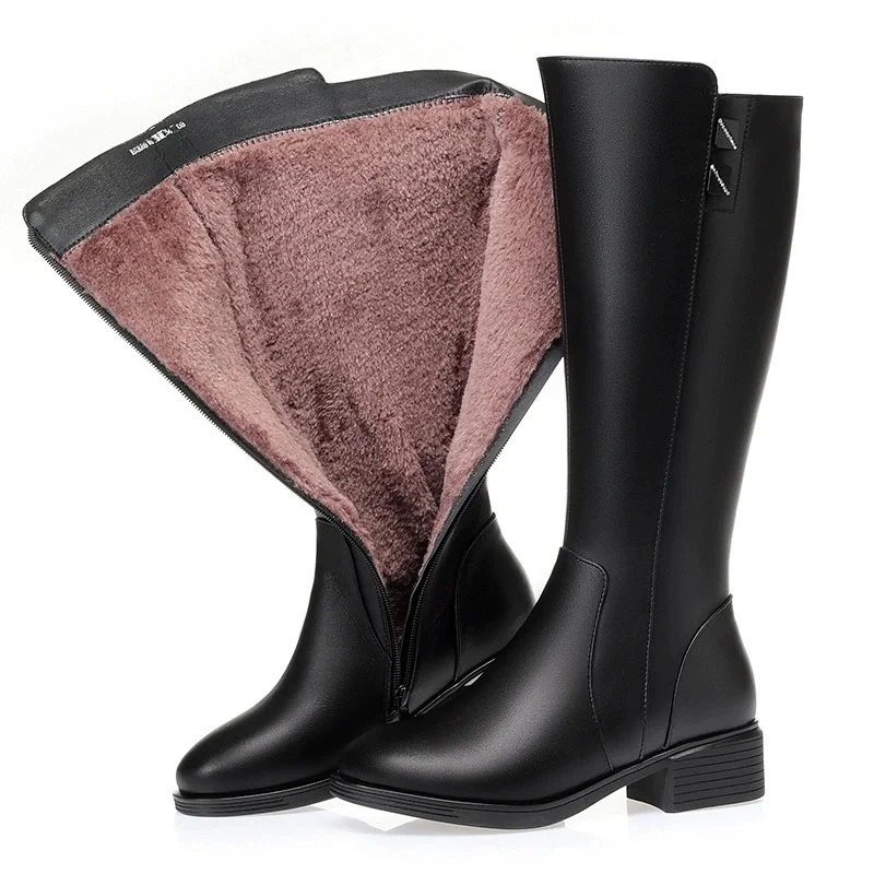 WOIZGIC Donna Madre Signore Donna Vera Pelle Neve Stivali a metà polpaccio Scarpe Inverno Caldo Lana Peluche Pelliccia Cerniera Plus Size 41 42 5