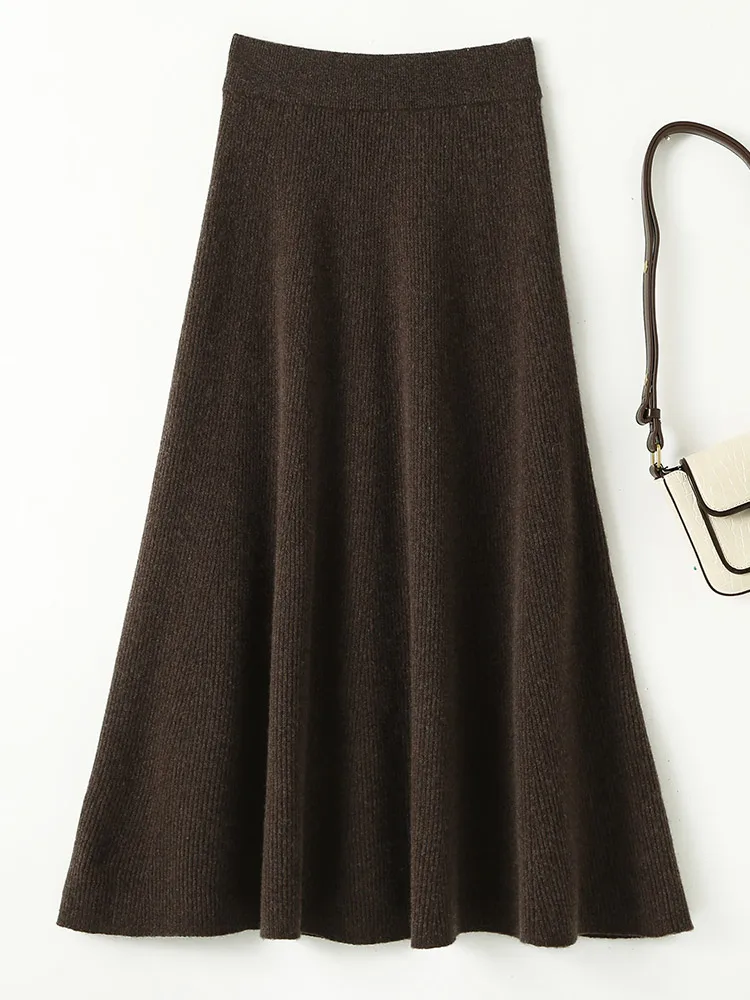 Chic nuove donne 100% lana merino lavorata a maglia una linea gonna tinta unita autunno inverno vita alta stile preppy gonna longuette in morbida lana 4