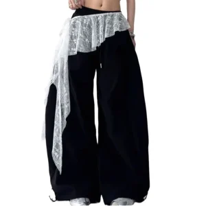 Jeans Pantaloni Decor Minigonna in pizzo con fiori ricamati Vedi attraverso Y2K Streetwear Gonne increspate Tenda irregolare a vita alta 1