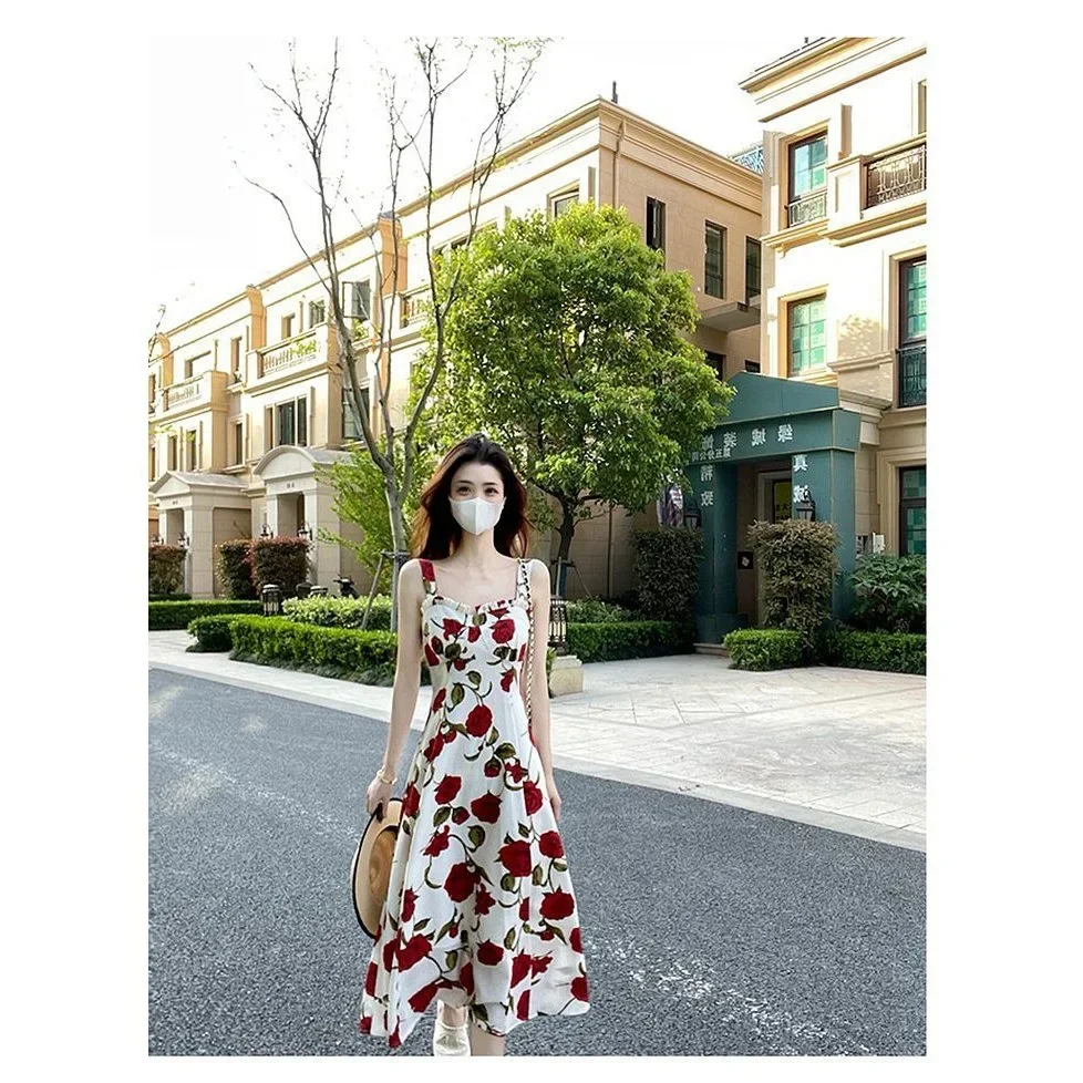 Abito longuette a trapezio con stampa floreale Abito estivo nuovo stile elegante da donna senza spalline Gonna lunga vintage francese per la pausa tè 3