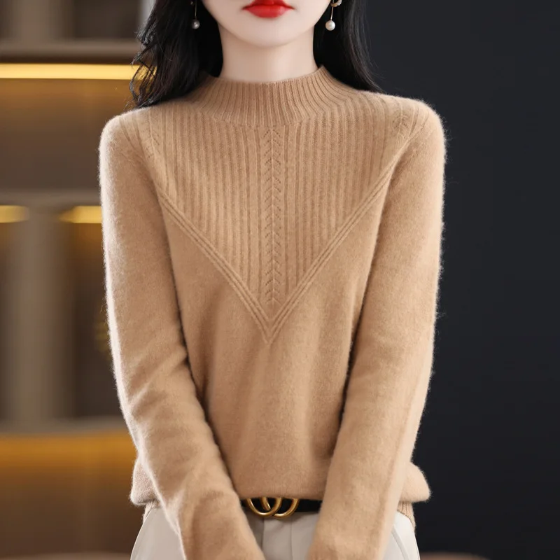 Maglione da donna 100% lana Pullover a maniche lunghe Autunno Inverno Spessore caldo Fondo morbido Camicie Collo a lupetto Maglioni lavorati a maglia larghi 6