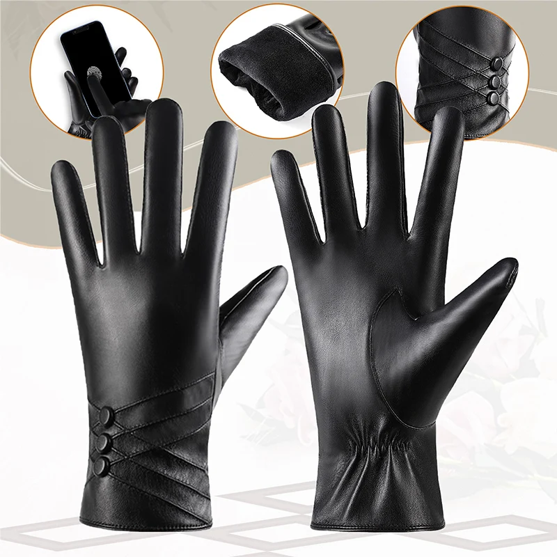 Guanti classici da donna Guanti invernali isolati e caldi all'aperto Guida Guanti in pelle PU Guanti touch screen in peluche 2