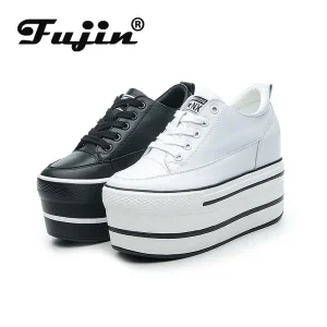 Fujin 10,5 cm tacco alto e spesso plateau appartamenti scarpe casual da donna scarpe da ginnastica casual in vera pelle di qualità morbida bianco nero 1