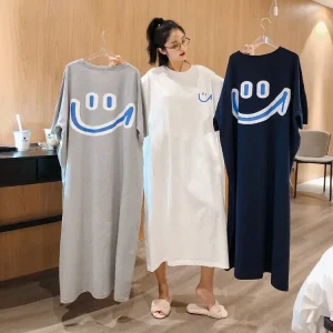 Abito da notte lungo al ginocchio oversize alla moda da donna, manica corta estiva, ampio e confortevole, abbigliamento premaman per la casa, smiley 1