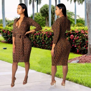 Abito da donna autunno estate elegante stampa slim a vita alta da ufficio manica lunga midi scozzese con scollo a V 1