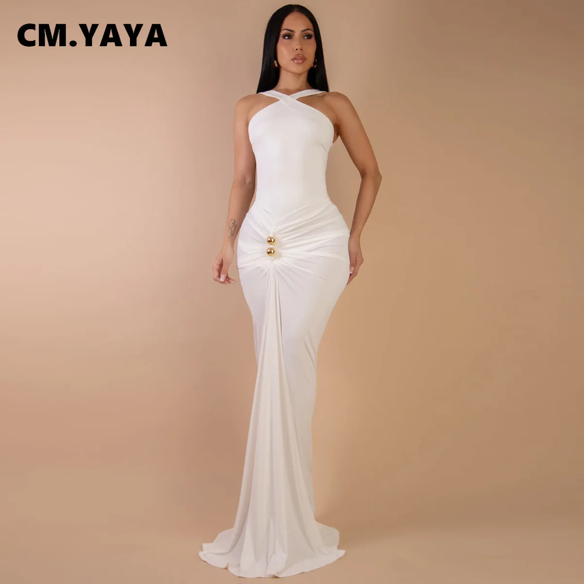 CM.YAYA Abito da donna maxi lungo aderente con scollo a V incrociato increspato impilato Midi 2025 Abiti da sera per feste di compleanno per le vacanze 2