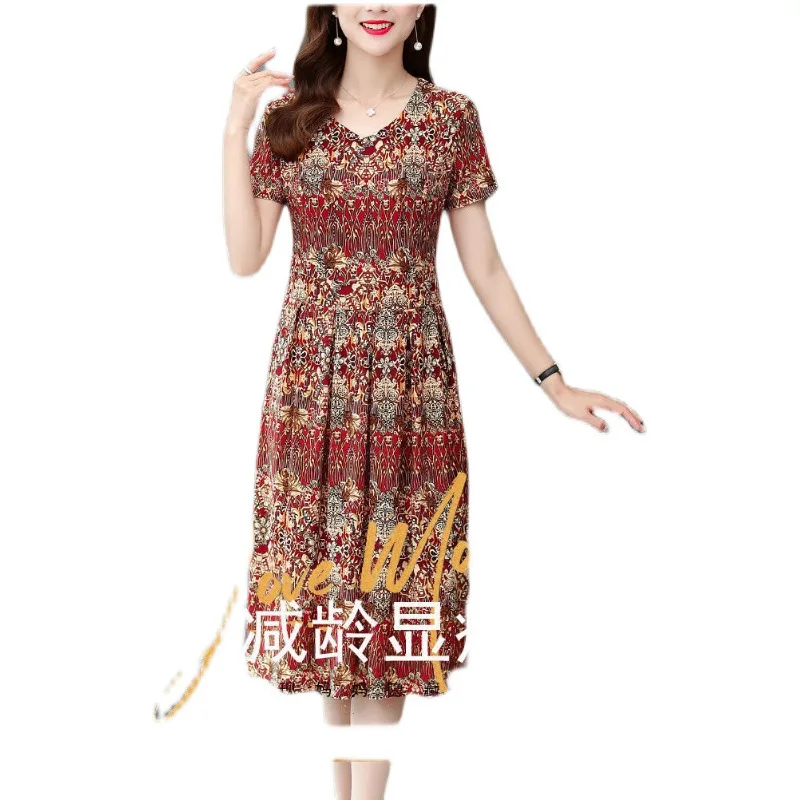 Elegante abito estivo per mamma Vendita calda della stagione Nuovo stile 40 anni 50 anni Donne di mezza età plus Size Gonna a trapezio C.. 5