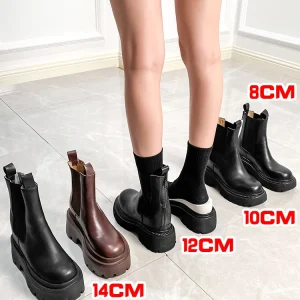 Scarpe con rialzo di altezza 14 cm Stivali con plateau da donna Scarpe robuste da 10 cm in vera pelle Stivali neri classici di moda Stivaletto corto da donna 1