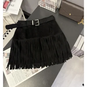 MEXZT Minigonna in pelle scamosciata vintage Donna Y2K Patchwork con nappe Gonne avvolgenti nere per l'anca Autunno Inverno Gyaru Streetwear Coreano Slim Faldas 1