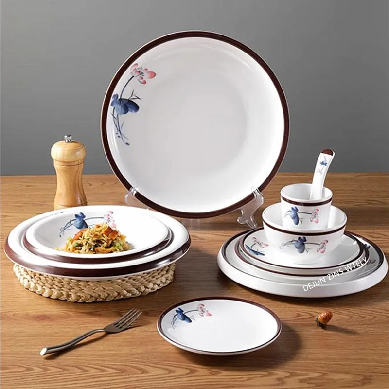 Piatto rotondo in melamina Piatto da pranzo in plastica con motivo floreale Piatto da insalata per bistecche commerciali Accessori da cucina per dischi da frutta per la casa 3