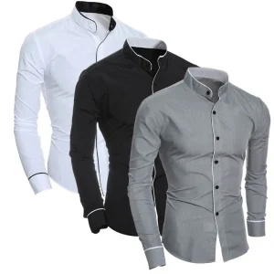 Camicia da uomo slim classica tinta unita semplice tinta unita con colletto rialzato camicia base cardigan patchwork personalità 1