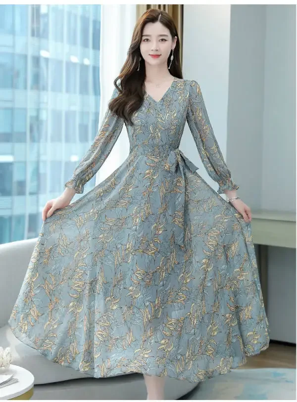 Abito lungo a trapezio snellente di media lunghezza in stile coreano Abito lungo con collo a polo e maniche da principessa per le donne nelle loro foreste e cinquanta 3