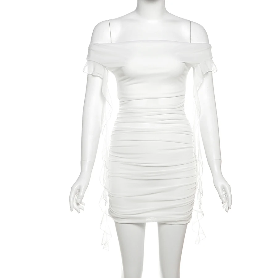 SylCue Mini abito patchwork in rete da donna con scollo a barchetta increspato con spalle scoperte Nappa senza schienale Midnight Club Party Abiti eleganti attillati 6