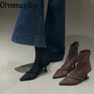 Stivaletti da donna vintage moda punta a punta scarpe con tacchi alti sottili festa da ballo elastico sottile Botas Para Mujer 1