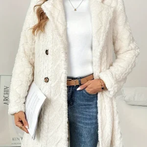 VigoCasey 2025 Autunno Inverno Donna Giacca casual Cappotto caldo in peluche spesso bianco Manica lunga Cardigan morbido Cappotto monopetto da donna 1