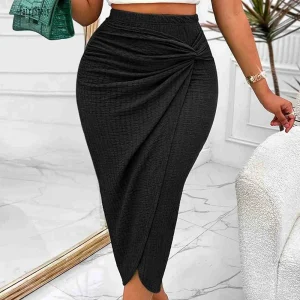 Fairyshely Gonna lunga lavorata a maglia nera sexy Donna 2025 Gonna longuette a vita alta con nodo estivo Gonna aderente avvolgente divisa elegante da donna 1