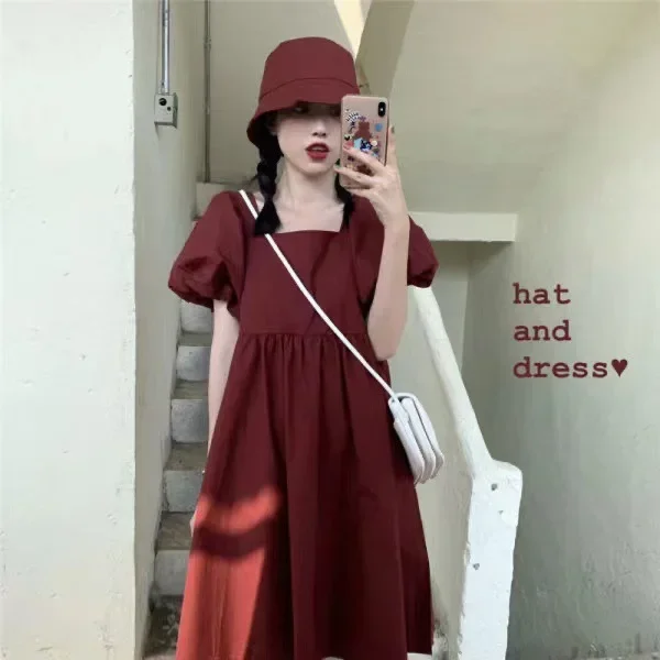 Vendita calda di seta fresca della stagione nuove donne studentesse versione coreana allentato dimagrante viola colletto quadrato abito con maniche a palloncino Fashio 2